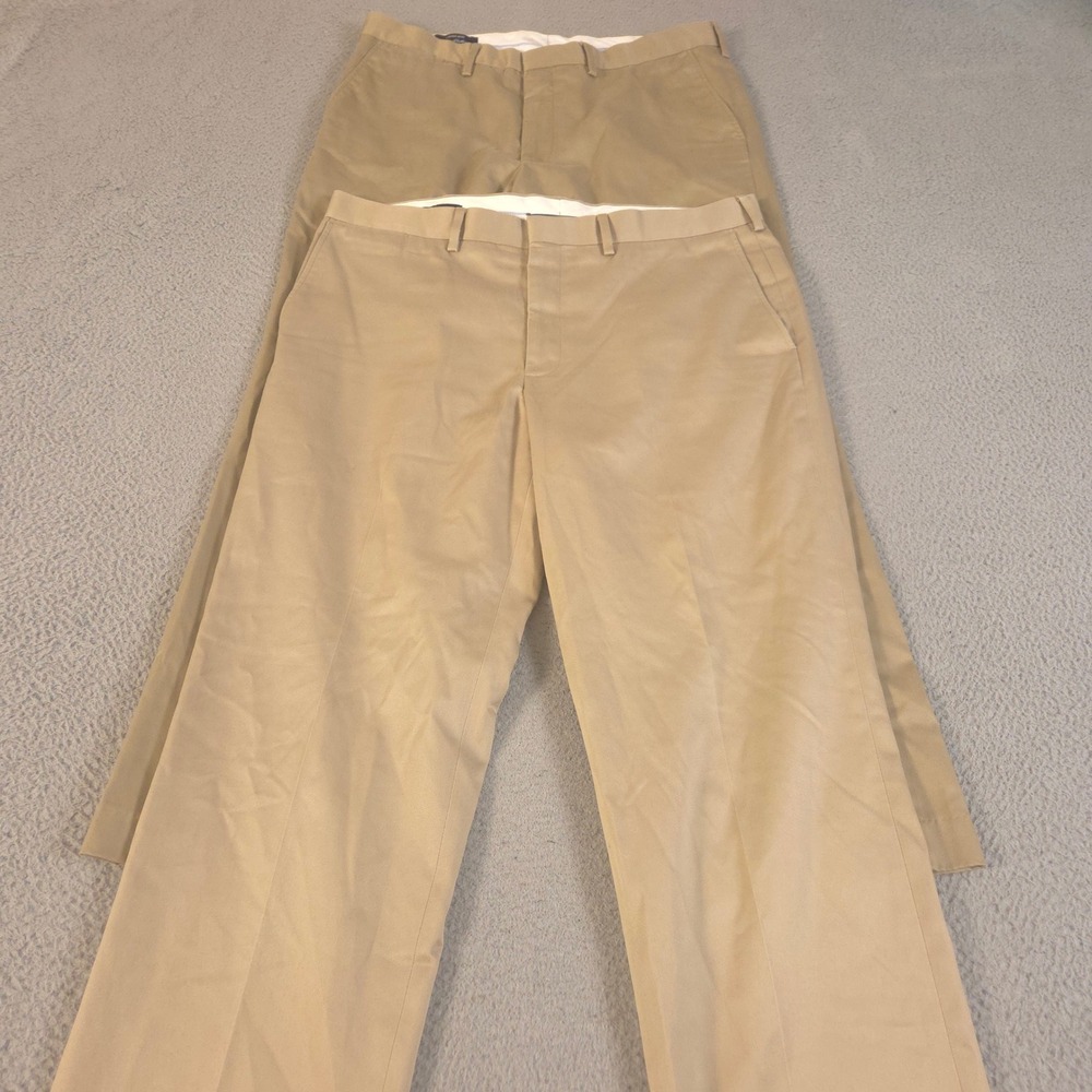 LOT OF 2 Lands' End Pants Mens 36x33 Tan Traditional Fit Stretch Twill Pleated